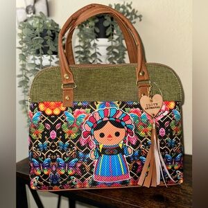 Handcrafted Multicolor Folk Doll Tote Bag with Tan Handles